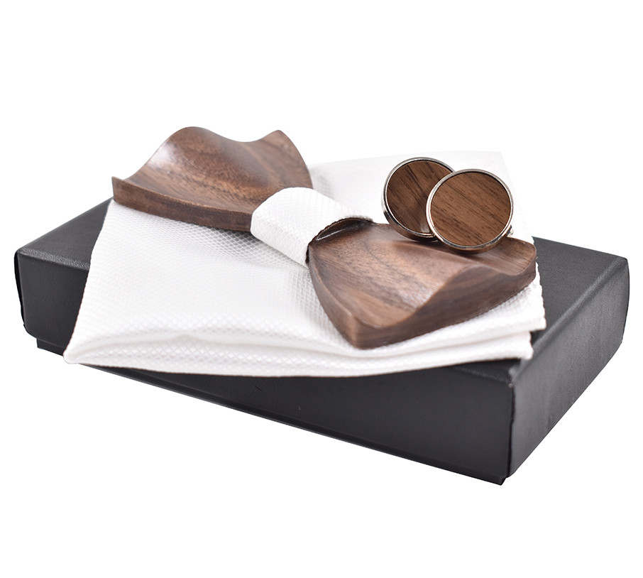 Gaira® Dřevěný motýlek s kapesníčkem a manžetovými knoflíčky 709038