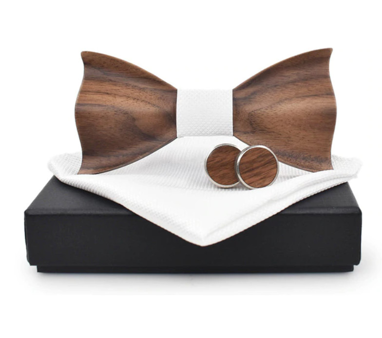 Gaira® Dřevěný motýlek s kapesníčkem a manžetovými knoflíčky 709038