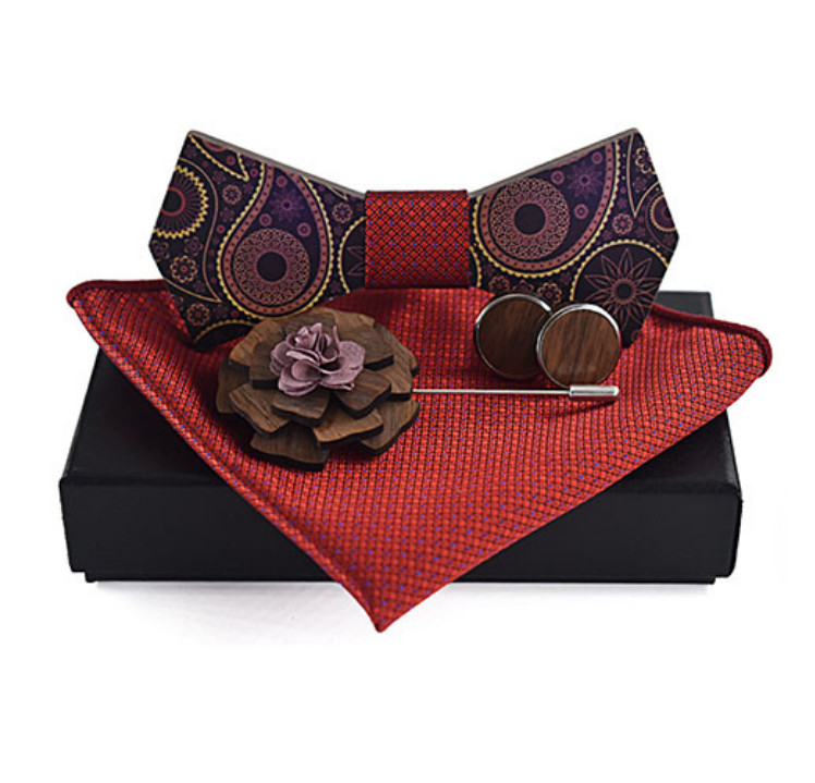 Gaira® Dřevěný motýlek s kapesníčkem a manžetovými knoflíčky a broží 709061