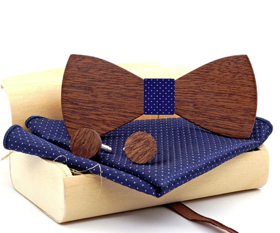 Gaira® Dřevěný motýlek s kapesníčkem a manžetovými knoflíčky 709074