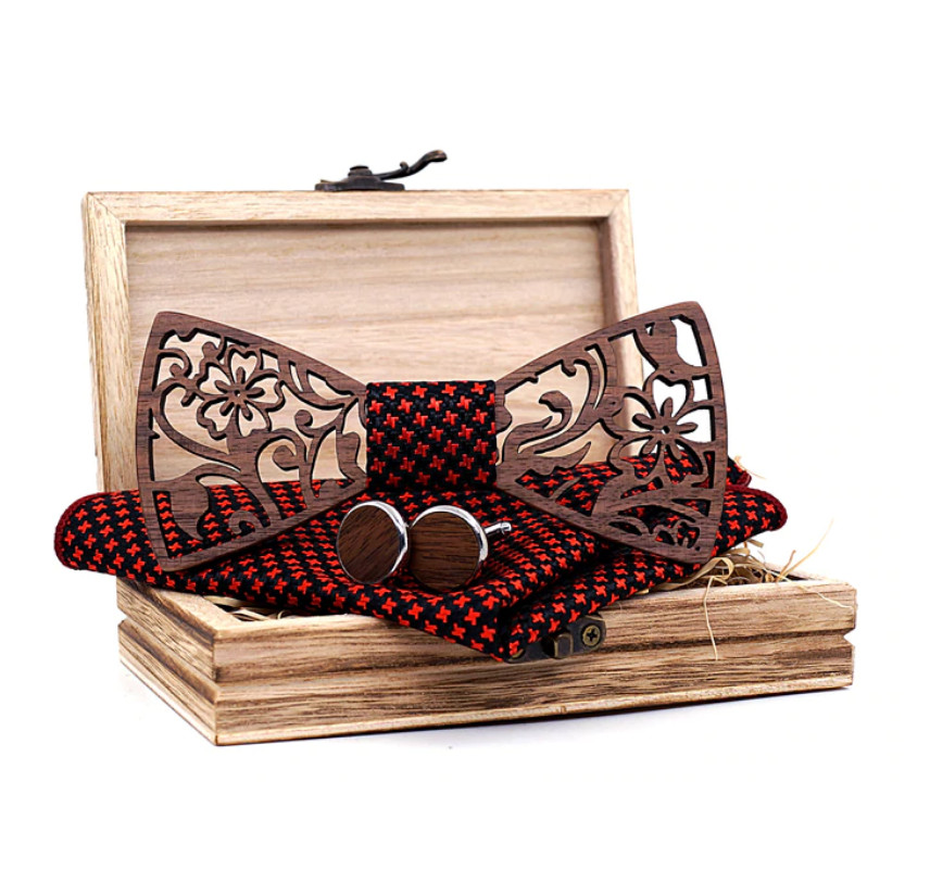 Gaira® Dřevěný motýlek s kapesníčkem a manžetovými knoflíčky 709091