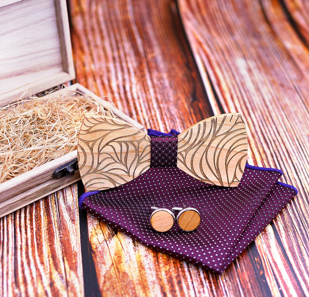 Gaira® Dřevěný motýlek s kapesníčkem a manžetovými knoflíčky 709206