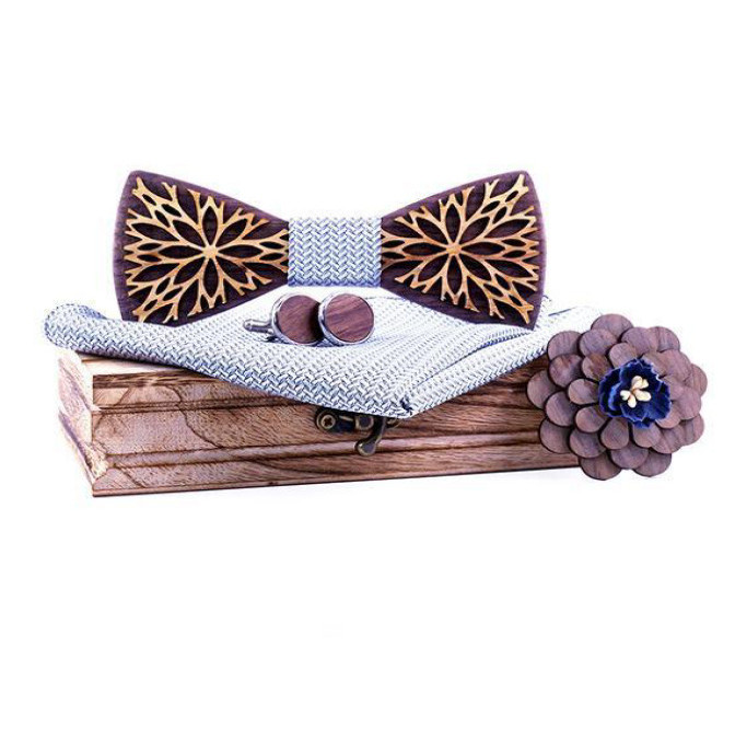 Gaira® Dřevěný motýlek s kapesníčkem a manžetovými knoflíčky a broží 709213, Barva modrá