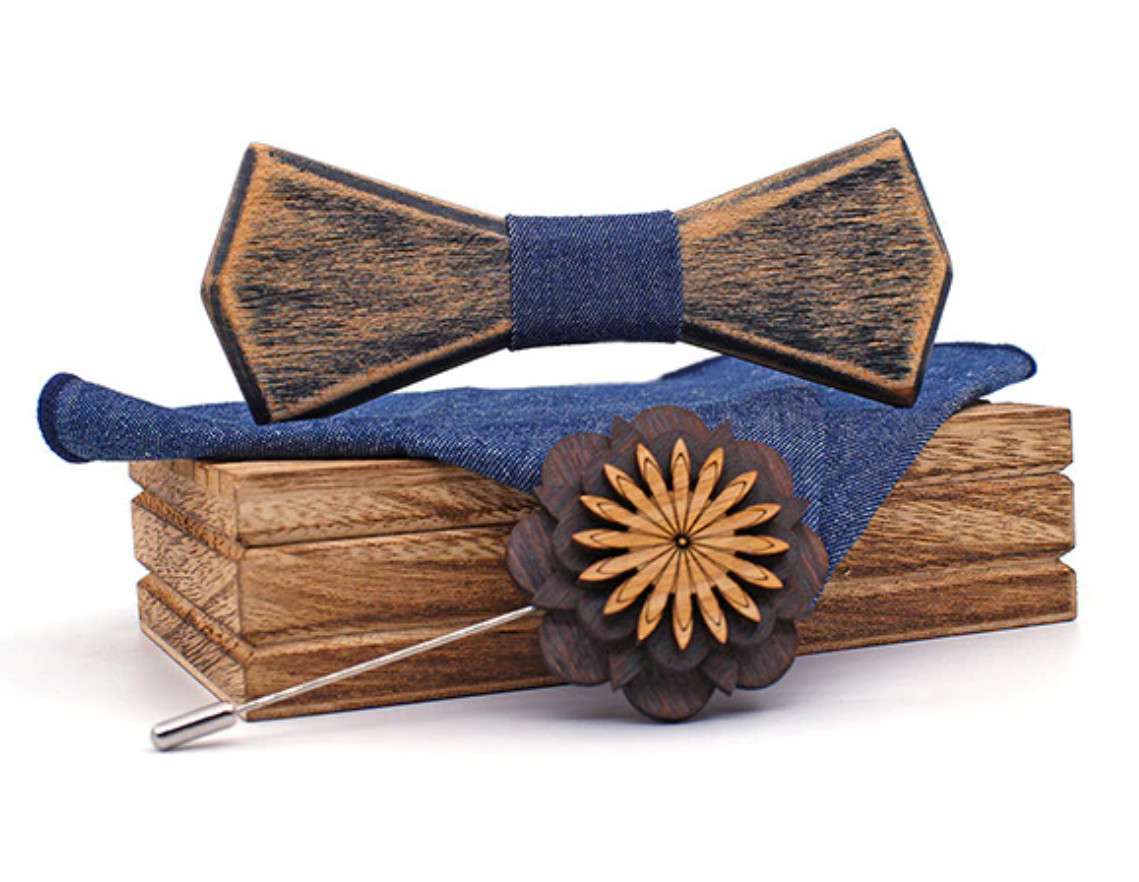 Gaira® Dřevěný motýlek s kapesníčkem a broží 709223