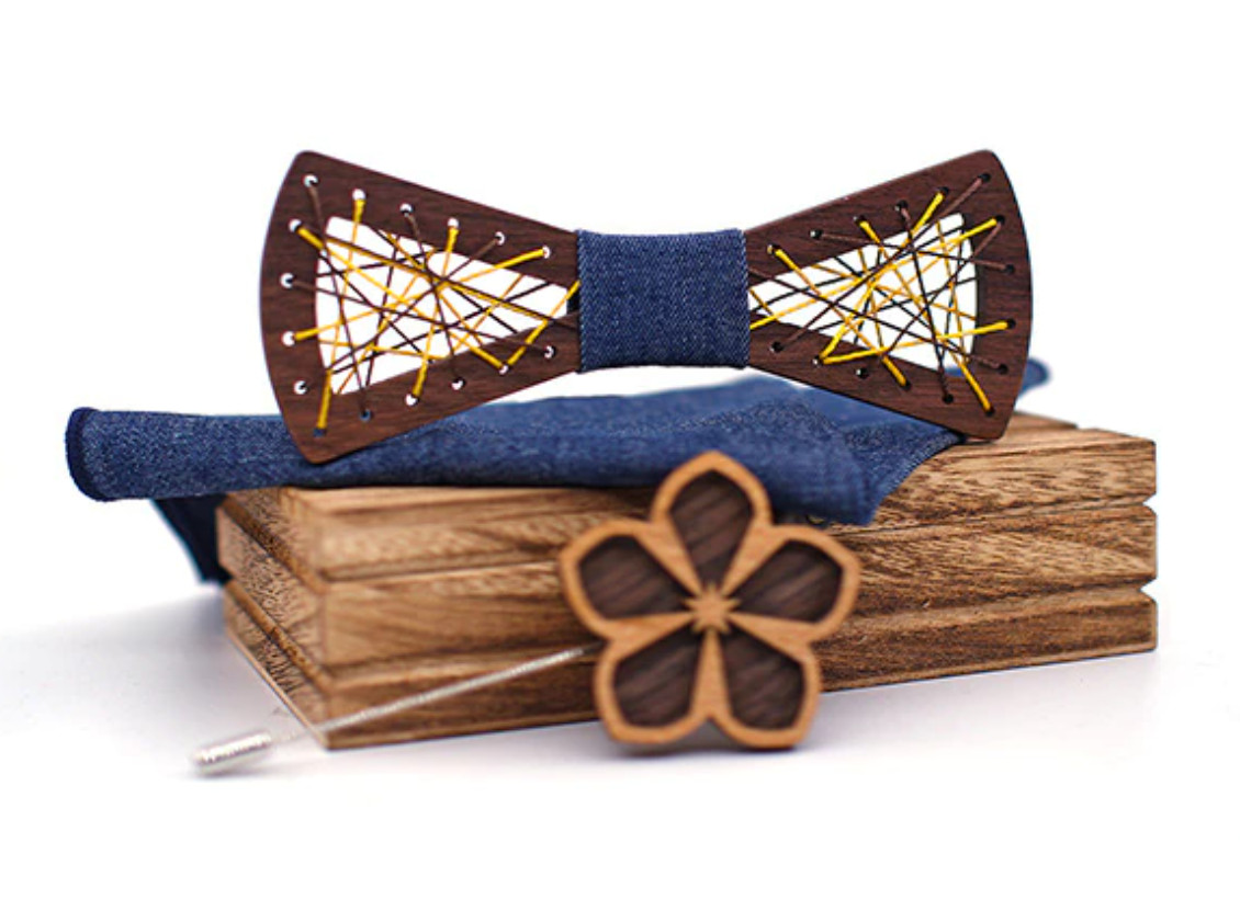 Gaira® Dřevěný motýlek s kapesníčkem a broží 709225