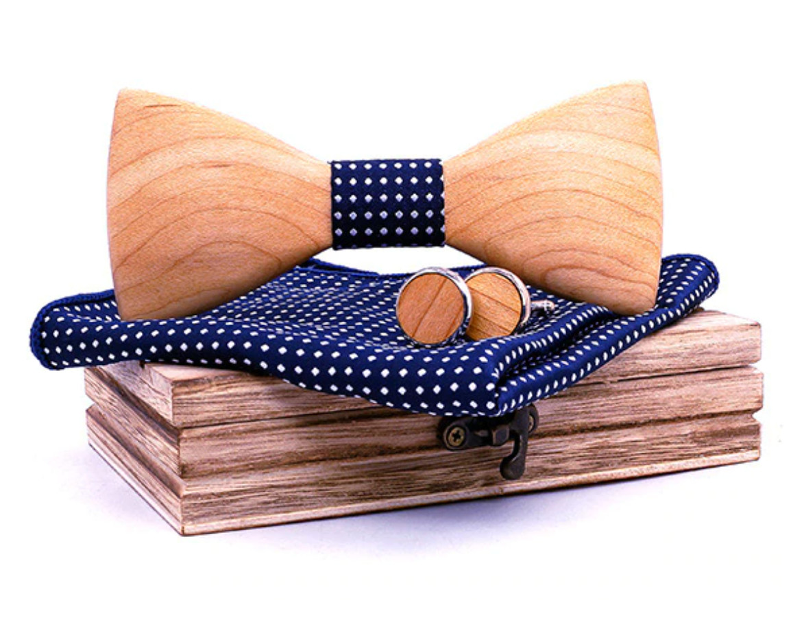 Gaira® Dřevěný motýlek s kapesníčkem a manžetovými knoflíčky 709226