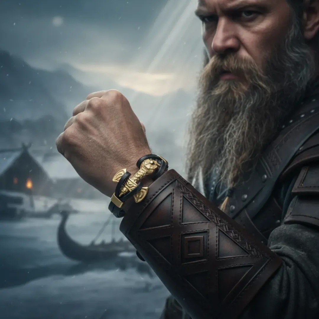 Gaira® Kožený náramek Thor's Hammer 3922, Barva zlatá