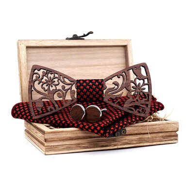 Dřevěný motýlek s kapesníčkem a manžetovými knoflíčky 709091