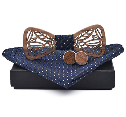 Dřevěný motýlek s kapesníčkem a manžetovými knoflíčky 709079