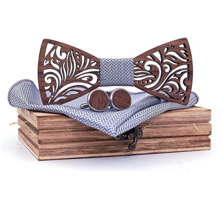 Dřevěný motýlek s kapesníčkem a manžetovými knoflíčky 709080