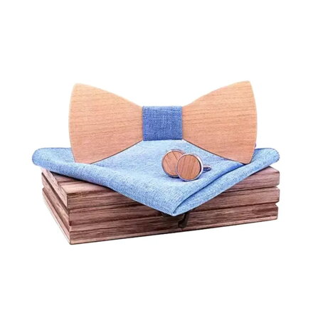Dřevěný motýlek s kapesníčkem a manžetovými knoflíčky 709230