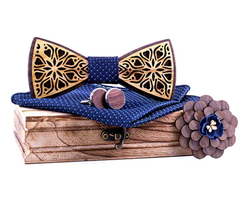 Dřevěný motýlek s kapesníčkem a manžetovými knoflíčky a broží 709213
